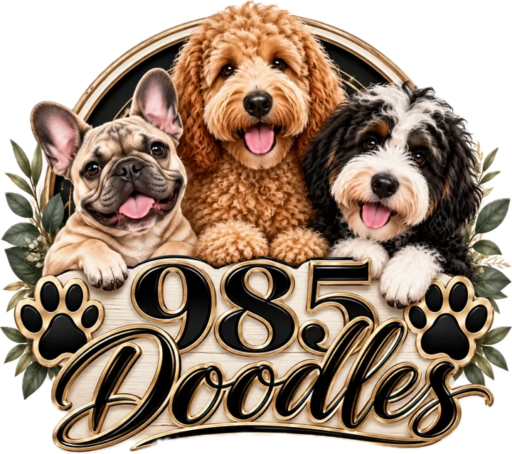 985 Doodles logo with a French Bulldog, a Poodle and a Doodle puppy peeking over a wooden sign