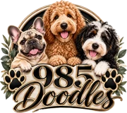 985 Doodles logo with a French Bulldog, a Poodle and a Doodle puppy